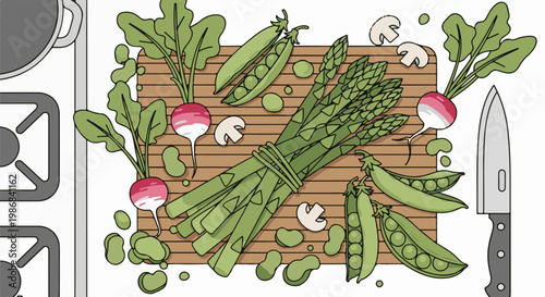 Fresh vegetables and knife on wooden board beside stovetop