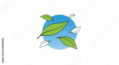 Green leaves flutter around a blue circle background