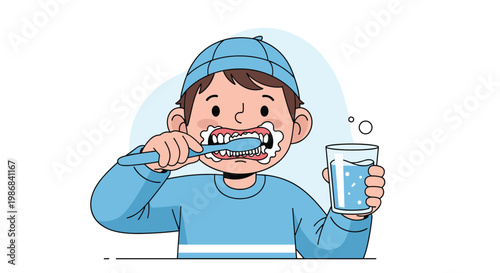 Young boy wearing a blue cap and pajamas carefully brushing his teeth while holding a glass of water for dental hygiene.