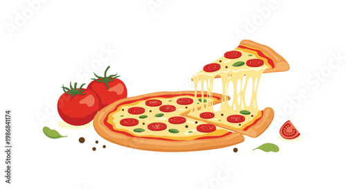 Tasty pepperoni pizza with a hot slice being lifted to show melting stringy cheese alongside fresh whole red tomatoes.