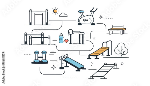 Gym vector illustration of various exercise equipment in a park setting