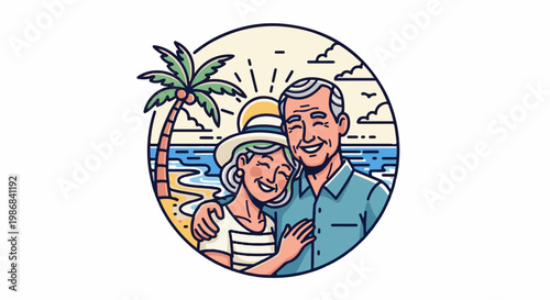 Happy elderly couple enjoying a sunny beach vacation under a palm tree