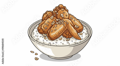 Fried chicken wings with crunchy peanut topping served over a bowl of white rice