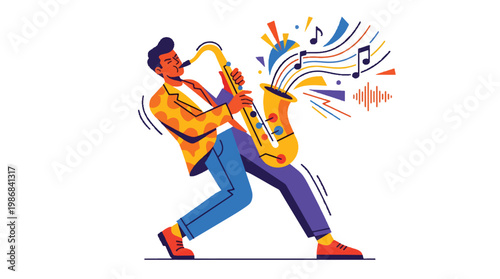 Person Playing Saxophone Flat Vector Illustration, Jazz Music and Artistic Expression Concept
