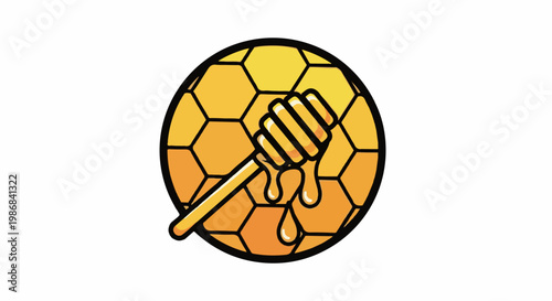 Golden honey dipper dripping onto honeycomb pattern inside a circle