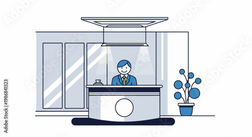 Friendly attendant at reception desk with potted plant and modern decor