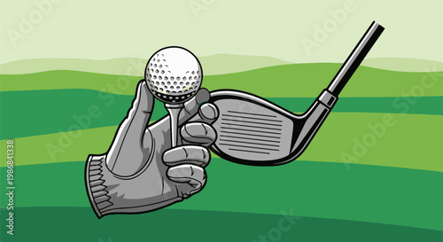 Hand in golf glove holding ball on tee, club behind