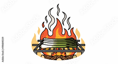 Green onions cooking on a grill over an open campfire