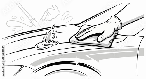 Hand in glove wiping car surface with water splashes nearby