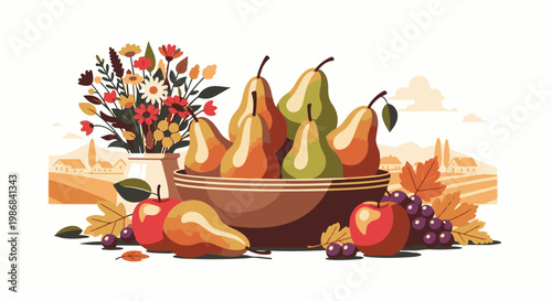 Harvest bounty of pears, apples, grapes, and flowers with a rural landscape