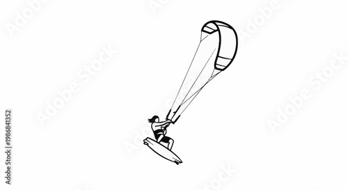 Figure kitesurfing on a board with a large kite against white background