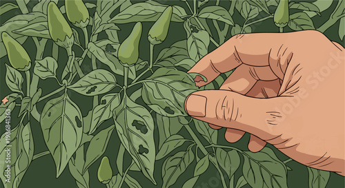 Hand inspecting damaged leaves on a pepper plant with green chili pods