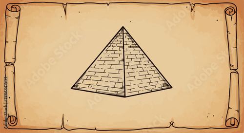 Hand-drawn pyramid on antique scroll paper with rolled edges