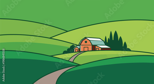 Green rolling hills with a red barn and pathway leading to it