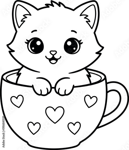 Cute cartoon cat sitting in a heart decorated teacup isolated on transparent background