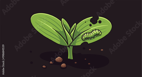Green seedling with caterpillar eating a leaf in dark soil
