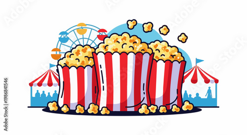 Fun carnival scene with popcorn, tents, and a Ferris wheel