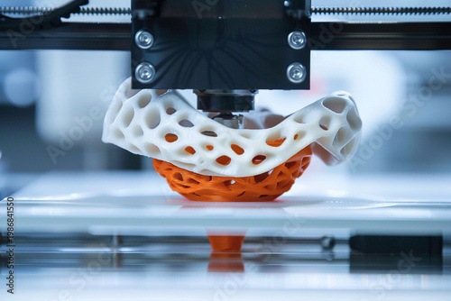 Close-up of 3D Printer Extruding Complex Organic Lattice Structure with Modern Additive Manufacturing Technology