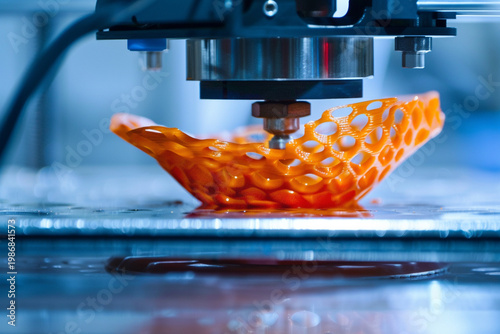 Close-up of 3D Printer Extruding Complex Organic Lattice Structure with Modern Additive Manufacturing Technology