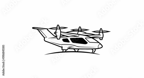 Futuristic aerial vehicle with multiple rotors hovering over a curved surface