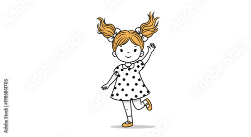 Happy young girl with blonde pigtails and white bows wears a stylish polka dot dress while waving her hand and standing on one leg.