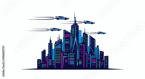 Futuristic city skyline with flying cars in a vibrant pixel art style