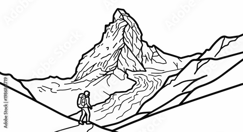 Hiker stands before a majestic, jagged mountain peak with a glacier