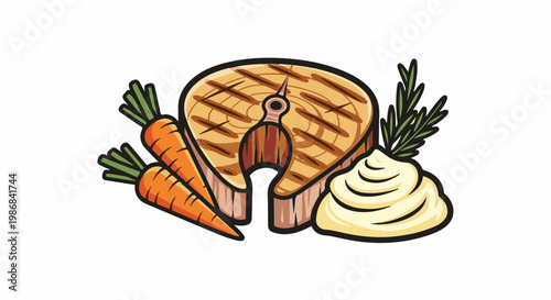 Grilled fish steak with carrots, mashed potatoes, and herbs