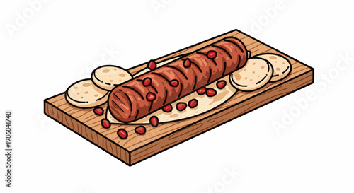 Grilled meat on wooden board with flatbread and berries
