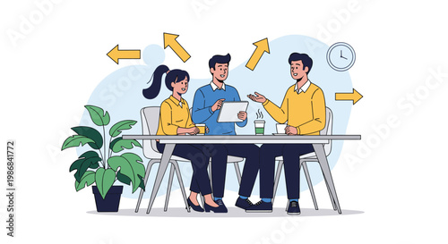 Group of colleagues or friends sitting at a table in a bright cafe having a lively discussion while drinking coffee and looking at digital tablets.