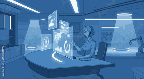 Futuristic control room with holographic displays and robotic arms