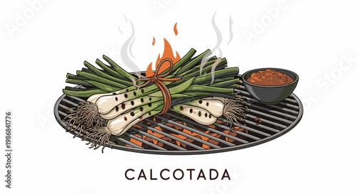 Grilled scallions on a barbecue with sauce