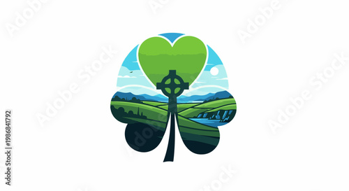 Green shamrock silhouette enclosing Celtic cross and scenic landscape