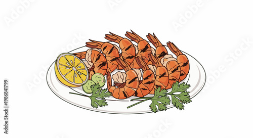 Grilled shrimp arranged on a white plate with lemon and parsley garnishes