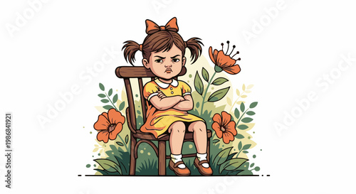 Grumpy child sits cross-armed amidst cheerful flowers