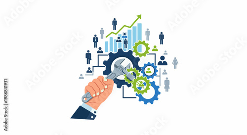 Hand adjusting gears with people icons, growth chart, and wrench