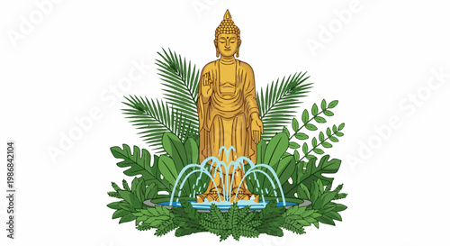 Golden Buddha statue surrounded by lush green foliage and a decorative fountain