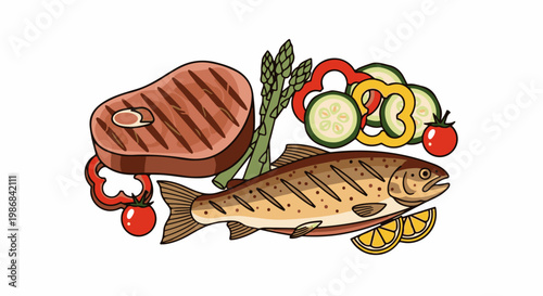 Grilled steak, fish, and fresh vegetables arranged in a colorful culinary composition