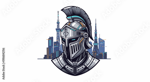 Futuristic warrior helmet against a stylized cityscape with towers
