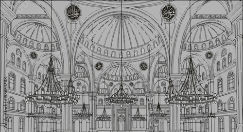 Grand interior of a mosque with multiple domes and ornate chandeliers