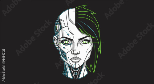 Futuristic woman's face, half organic, half robotic, with glowing green eyes