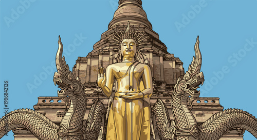 Golden Buddha statue with Naga serpents guard and temple background