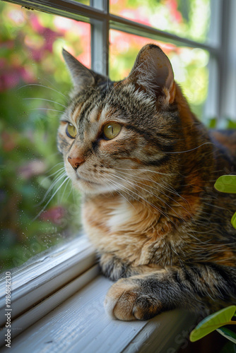 Tabby cat lounging on a sunlit windowsill with green houseplants looking out the window