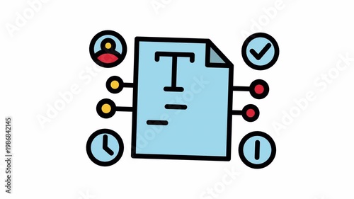 Document surrounded by feature animated icons. Suitable for presentations, infographics, digital marketing materials, and website designs.