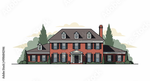 Grand red brick manor with multiple windows and surrounding trees