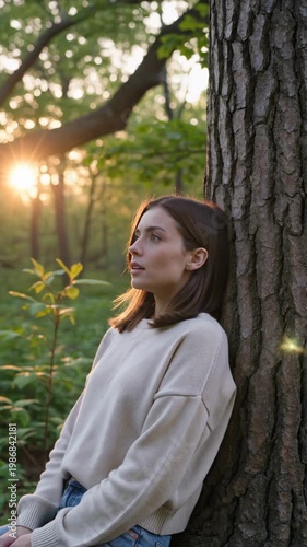 Young woman leaning against tree in forest during golden hour, vertical shot