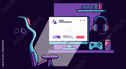 Gaming setup with chair, computer, headphones, gamepad, and drink