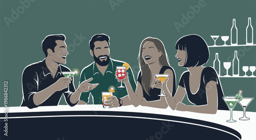 Four friends enjoying drinks and conversation at a bar