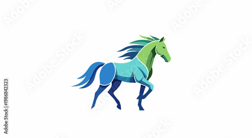 Geometric horse with flowing mane and tail in blue and green