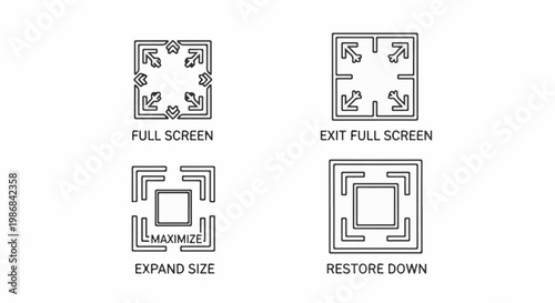 Four graphic icons depicting screen size adjustments full, exit, expand, restore
